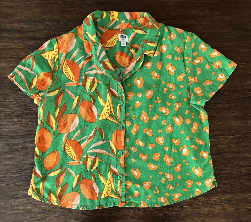 Tabitha Brown Shirt Women’s Large Green Citrus Print Boho Colorful Linen Target
